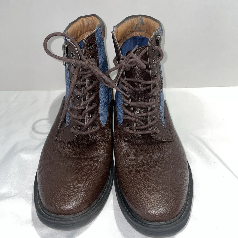 Guess Jadon Mens Brown Pebbled Boots Blue Denim Panels Side Zip GNJADON-R Size 9